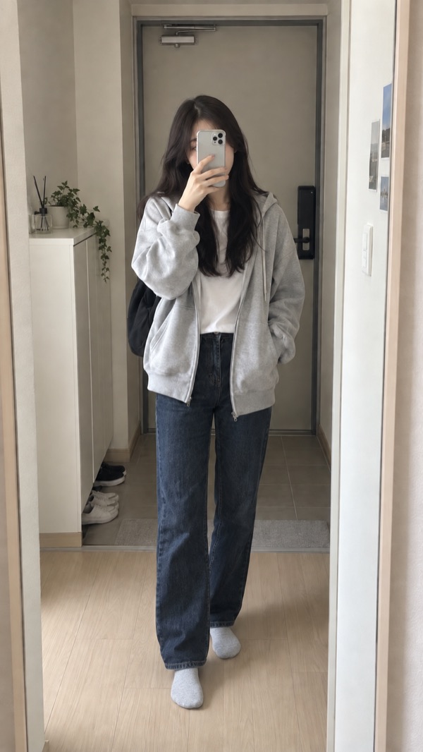 원룸 현관의 전신 거울 앞에서 양말 차림으로 오늘의 옷을 촬영하는 한국인 여성